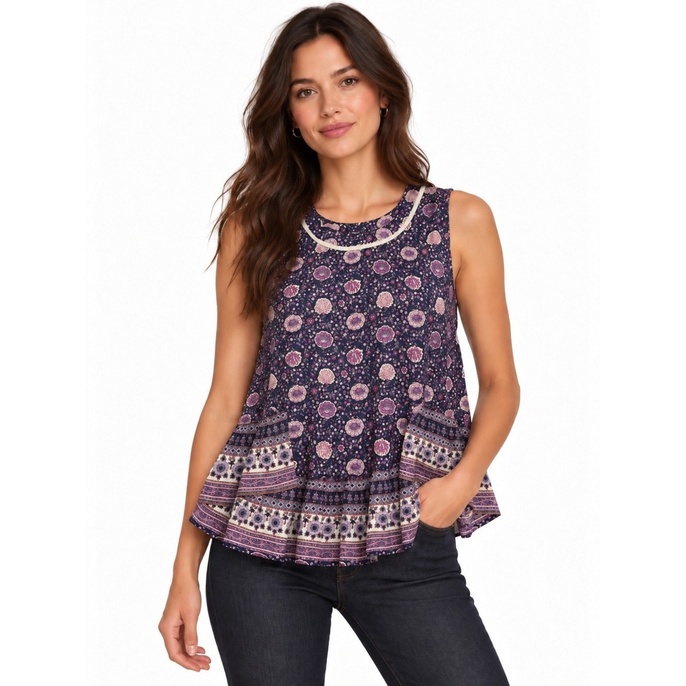 Sea NY Sleeveless Silk Ruffle Hem Top Size 6 Floral Purple Boho Cottage Coquette